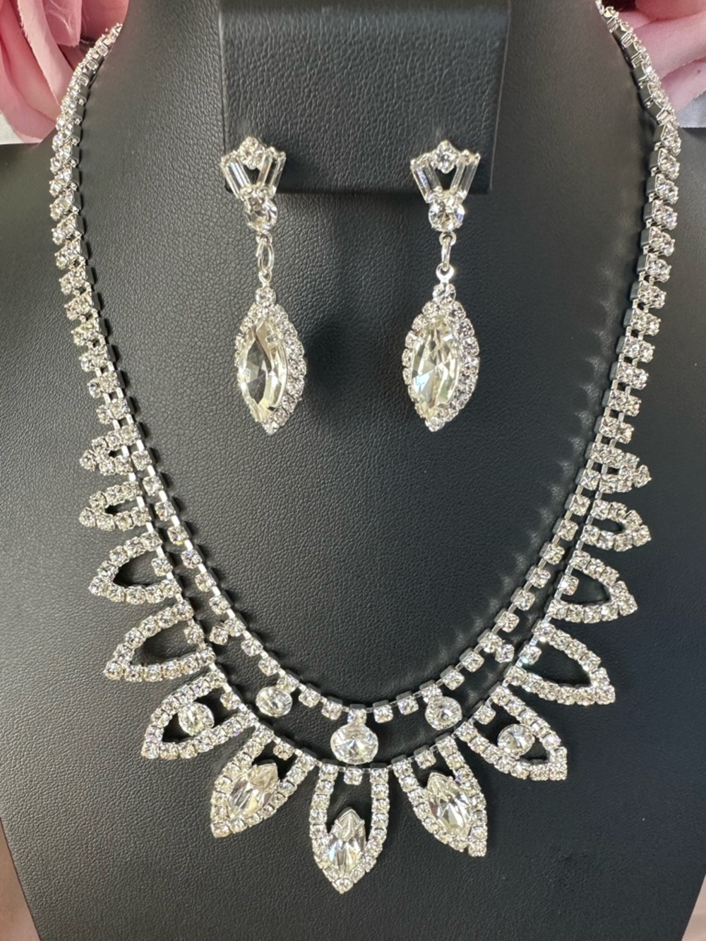 Silver Crystal Statement Necklace Set Bridal Prom